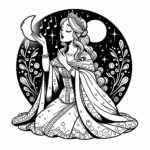 Coloring page of a young queen, kind ruler singing in the moonlight