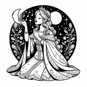 Coloring page of a young queen, kind ruler singing in the moonlight