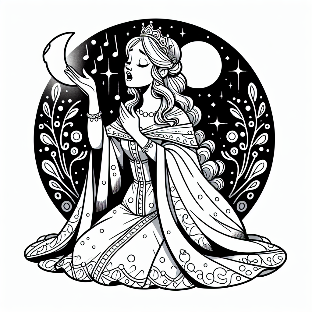 Coloring page of a young queen, kind ruler singing in the moonlight