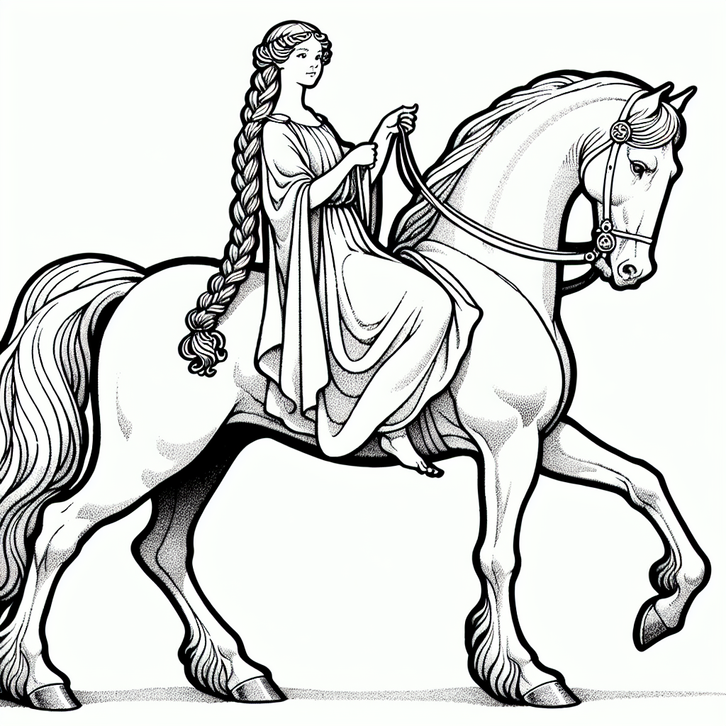 Coloring page of a young queen, royal beauty riding a white horse