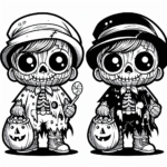 Page à colorier d’un enfant zombie, porteur de costume portant un sac de bonbons
