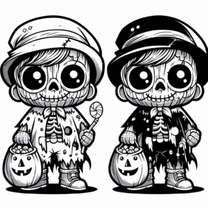 Coloring page of a zombie child, costume wearer carrying a candy bag