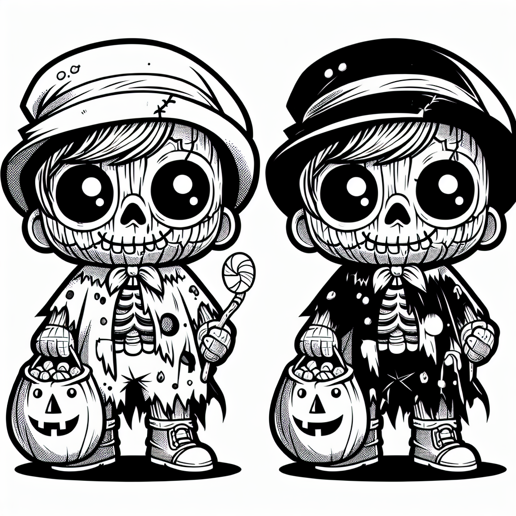 Coloring page of a zombie child, costume wearer carrying a candy bag