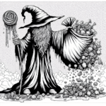 Page de coloriage d'un enfant zombie, sorcier magique portant un sac de bonbons Coloring page of a zombie child, magical sorcerer carrying a candy bag