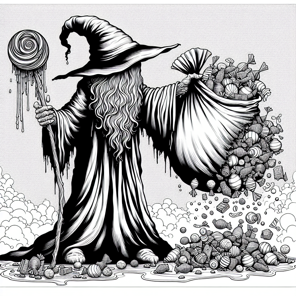 Coloring page of a zombie child, magical sorcerer carrying a candy bag
