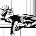 Coloring page of a Abyssinian cat, lazy napper stretching on a windowsill