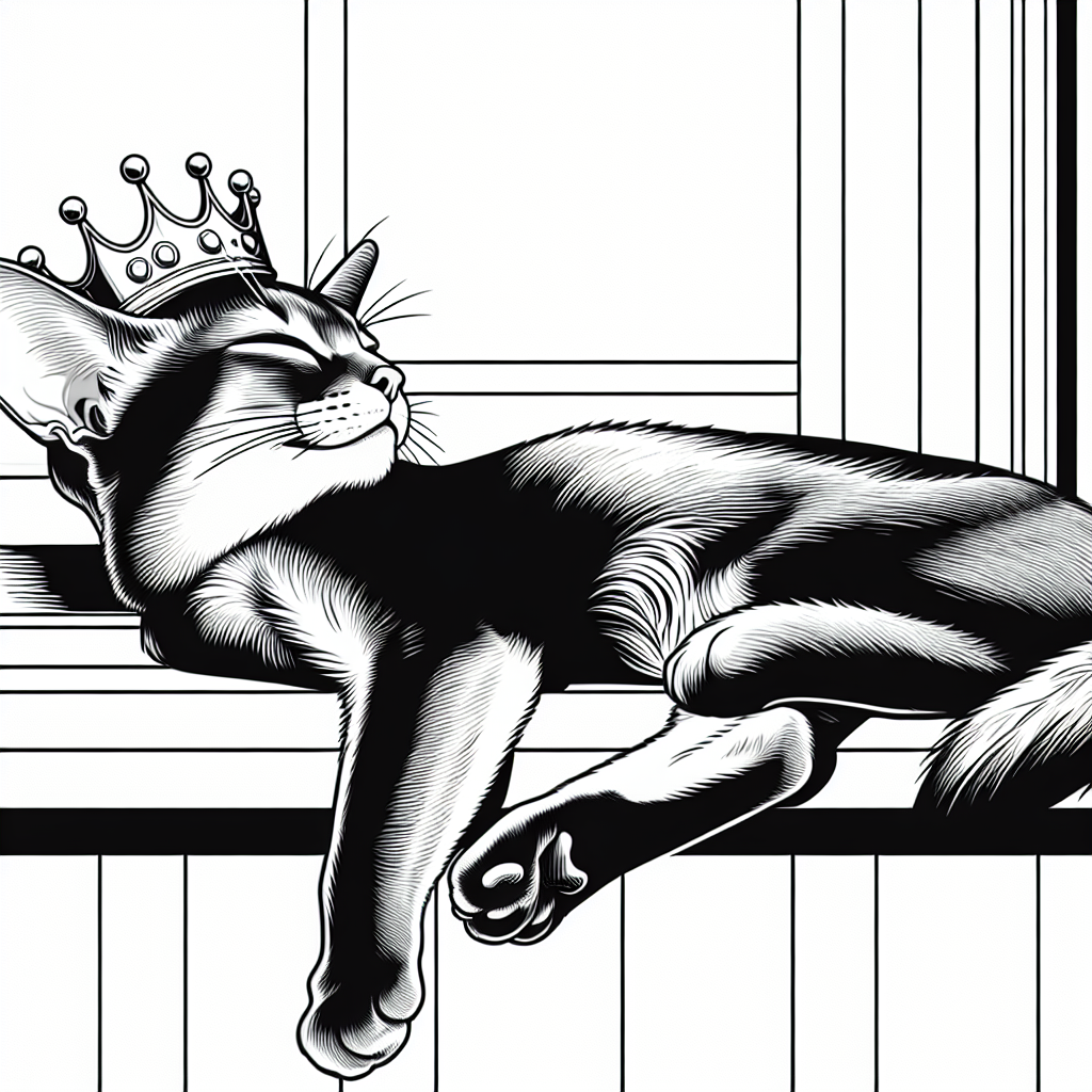 Coloring page of a Abyssinian cat, lazy napper stretching on a windowsill