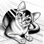 Coloring page of a Abyssinian cat, mischievous kitty sleeping in a sunbeam