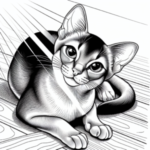 Coloring page of a Abyssinian cat, mischievous kitty sleeping in a sunbeam