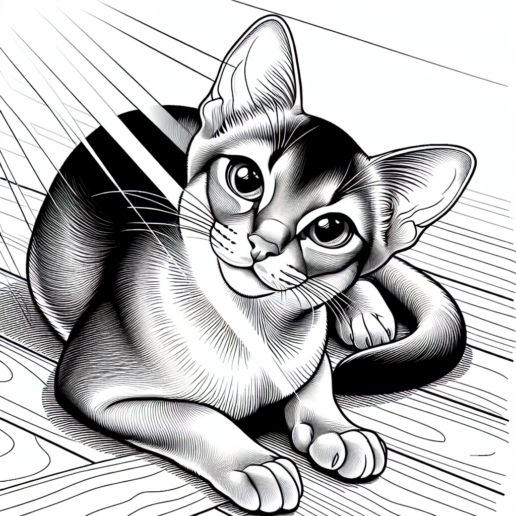 Coloring page of a Abyssinian cat, mischievous kitty sleeping in a sunbeam