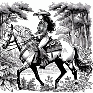 Coloring page of a Andalusian female rider, equestrian athlete riding through a forest