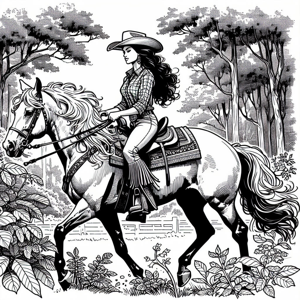 Coloring page of a Andalusian female rider, equestrian athlete riding through a forest