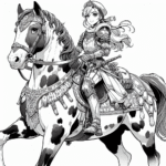 Coloring page of a Appaloosa girl riding a horse, equestrian athlete posing proudly with her horse