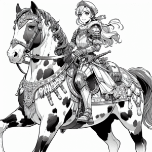 Coloring page of a Appaloosa girl riding a horse, equestrian athlete posing proudly with her horse