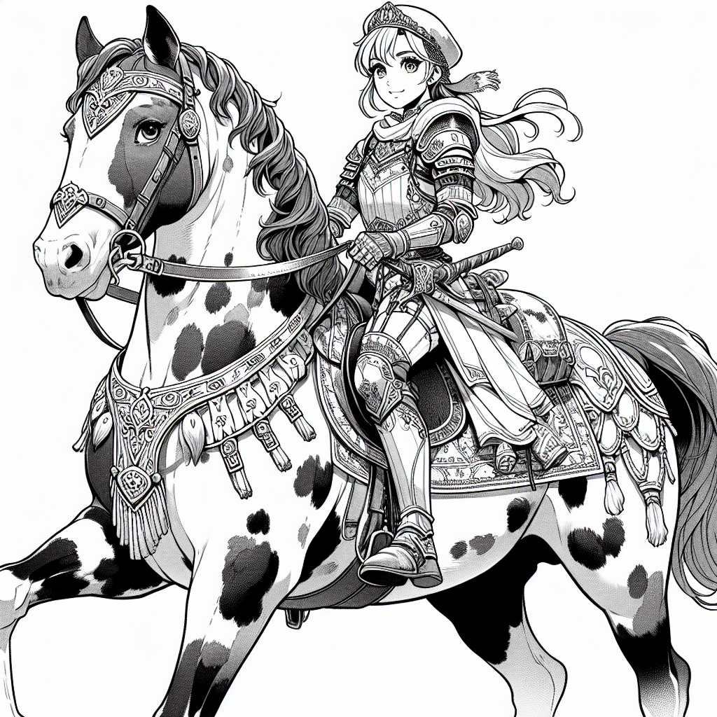 Coloring page of a Appaloosa girl riding a horse, equestrian athlete posing proudly with her horse