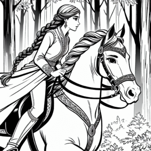 Coloring page of a Arabian horse female rider, equestrian athlete riding through a forest