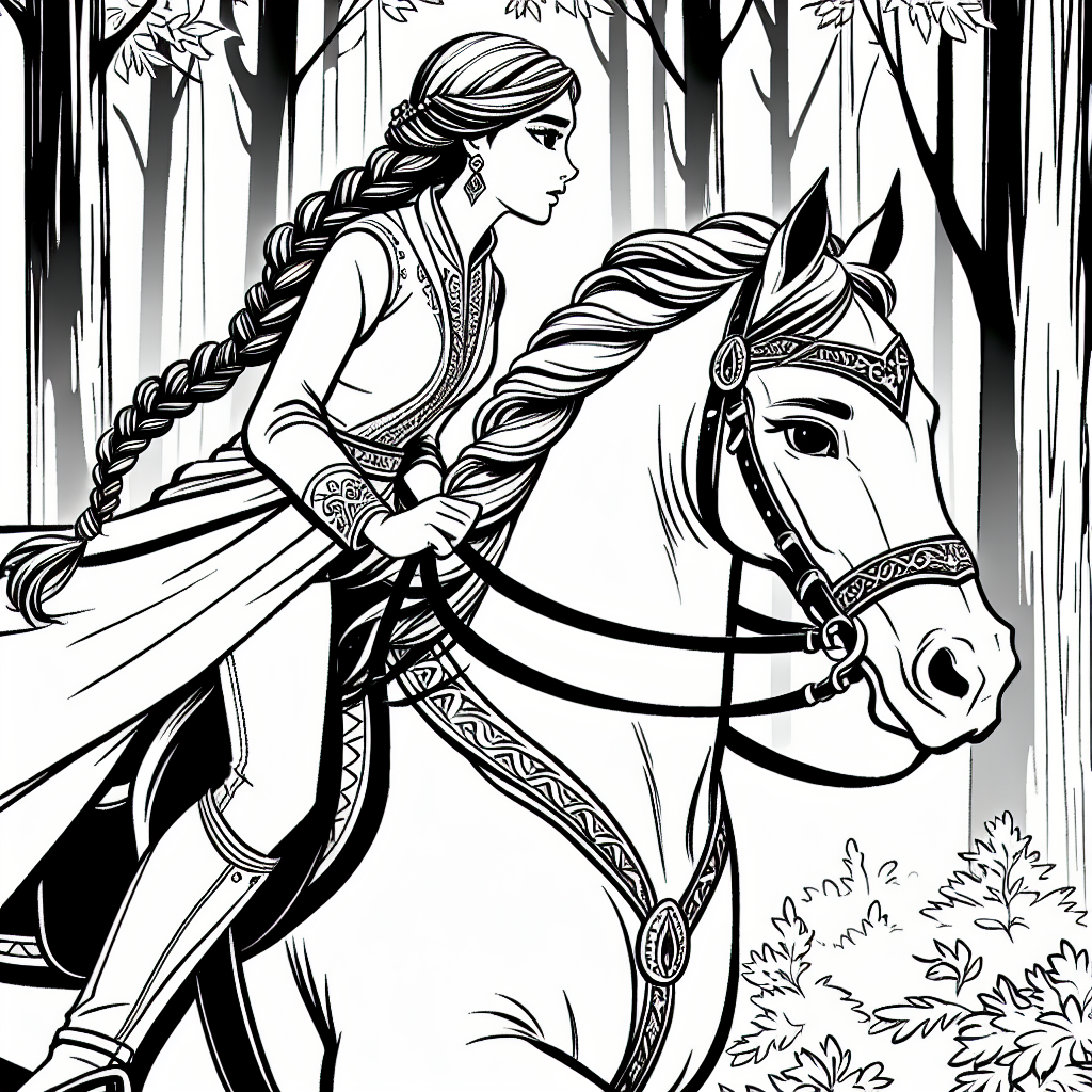 Coloring page of a Arabian horse female rider, equestrian athlete riding through a forest