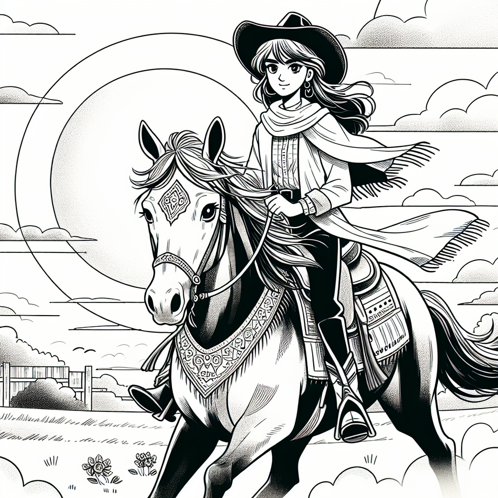 Coloring page of a Arabian horse girl riding a horse, cowgirl riding at sunset