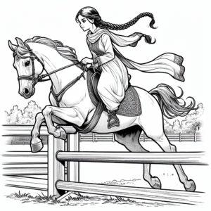 Coloring page of a Arabian horse young woman on horseback, equestrian athlete jumping over a fence