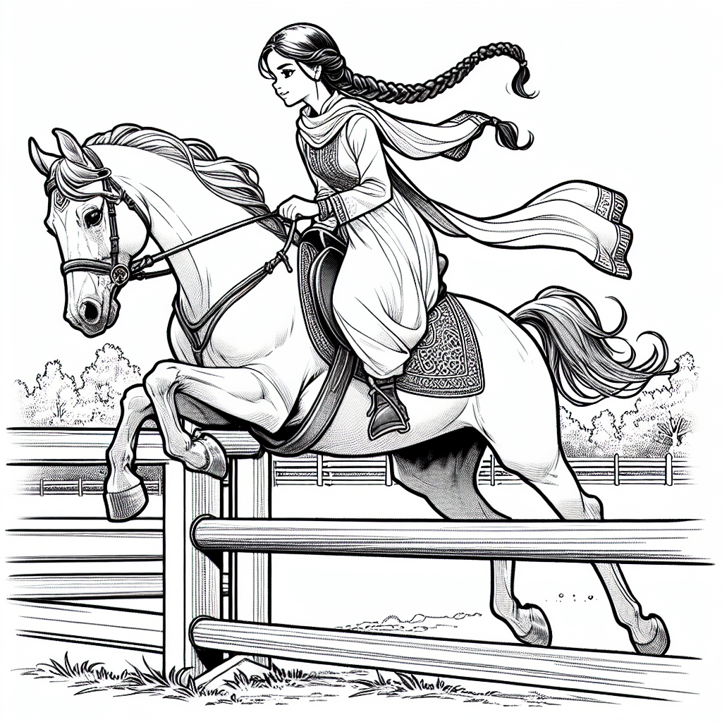 Coloring page of a Arabian horse young woman on horseback, equestrian athlete jumping over a fence
