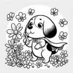 Coloring page of a Beagle dog, playful friend sniffing flowers
