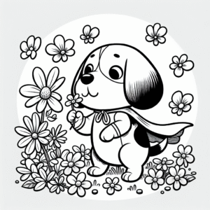 Coloring page of a Beagle dog, playful friend sniffing flowers