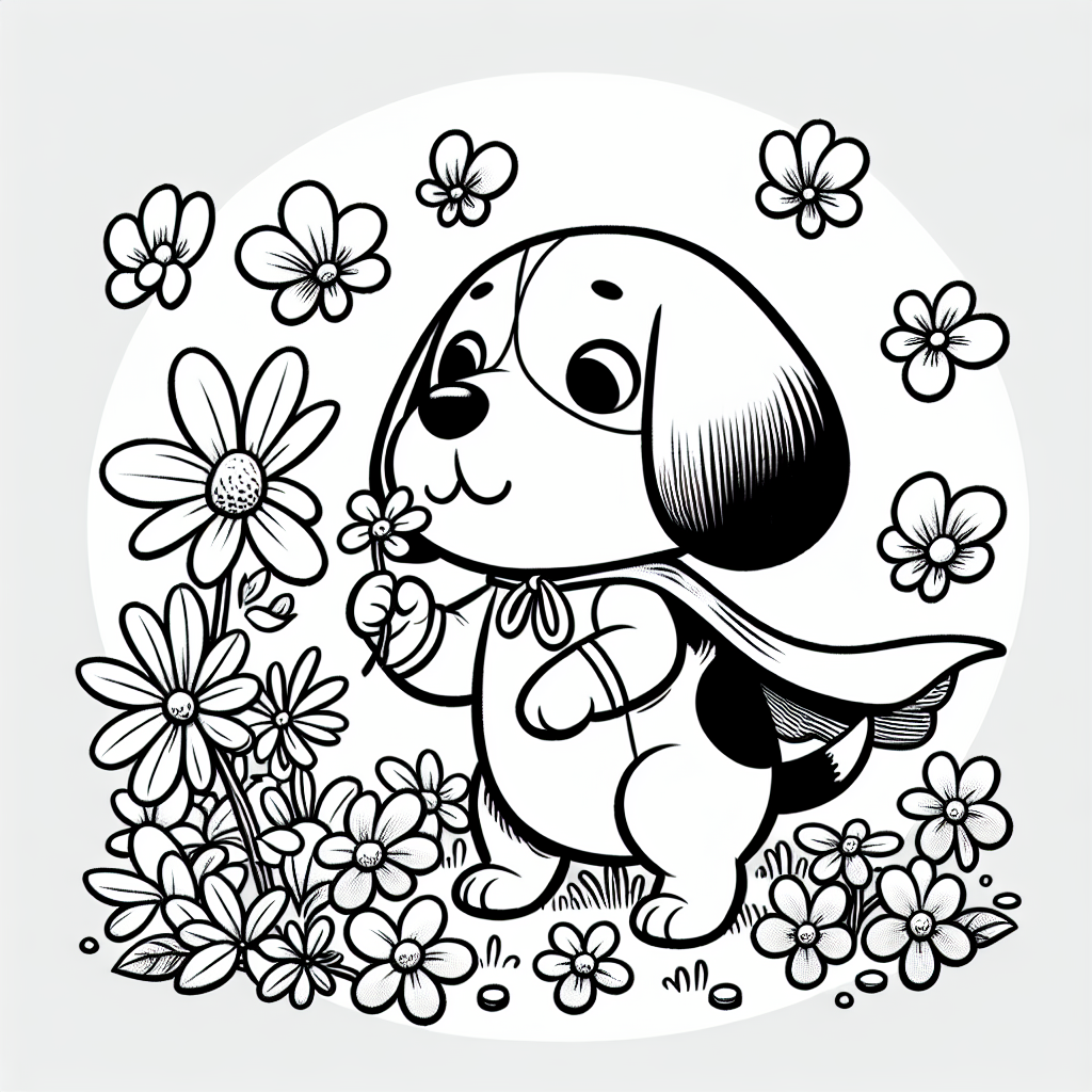 Coloring page of a Beagle dog, playful friend sniffing flowers