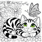 Coloring page of a Bengal cat, lazy napper chasing a butterfly