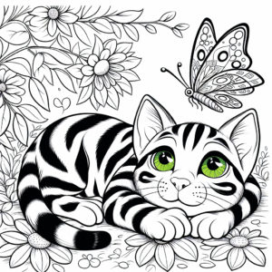 Coloring page of a Bengal cat, lazy napper chasing a butterfly