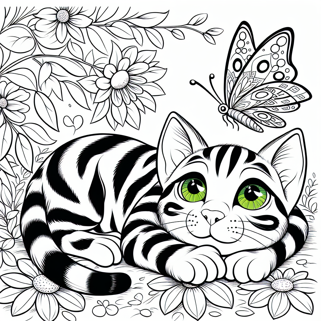 Coloring page of a Bengal cat, lazy napper chasing a butterfly