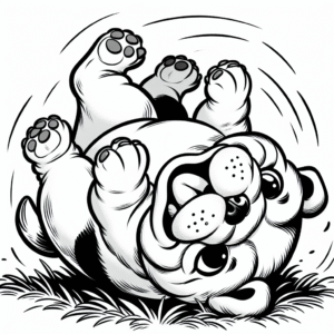 Coloring page of a Bulldog dog, energetic pup rolling on the grass