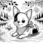 Coloring page of a Chihuahua dog, curious explorer swimming in a lake