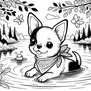 Coloring page of a Chihuahua dog, curious explorer swimming in a lake