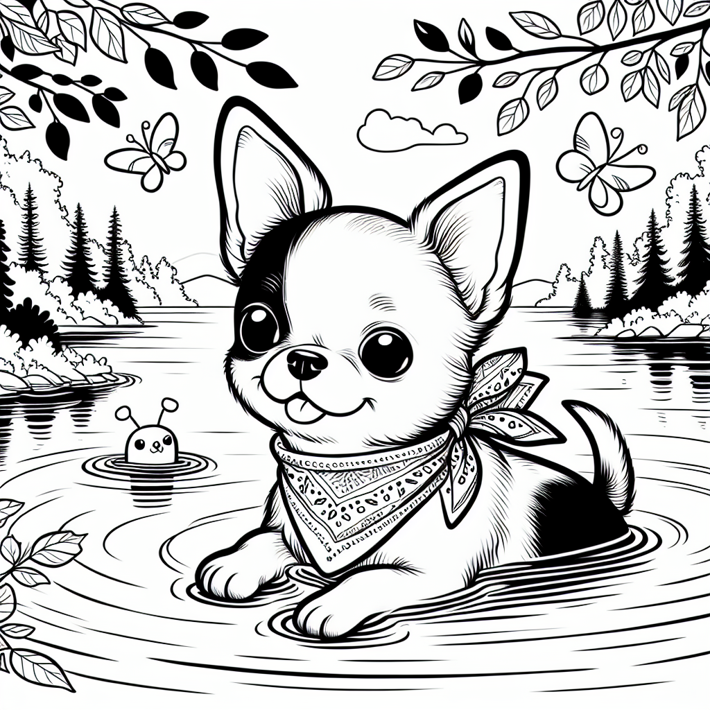 Coloring page of a Chihuahua dog, curious explorer swimming in a lake