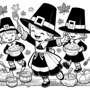 Coloring page of a child, fall festival dancer sharing a meal