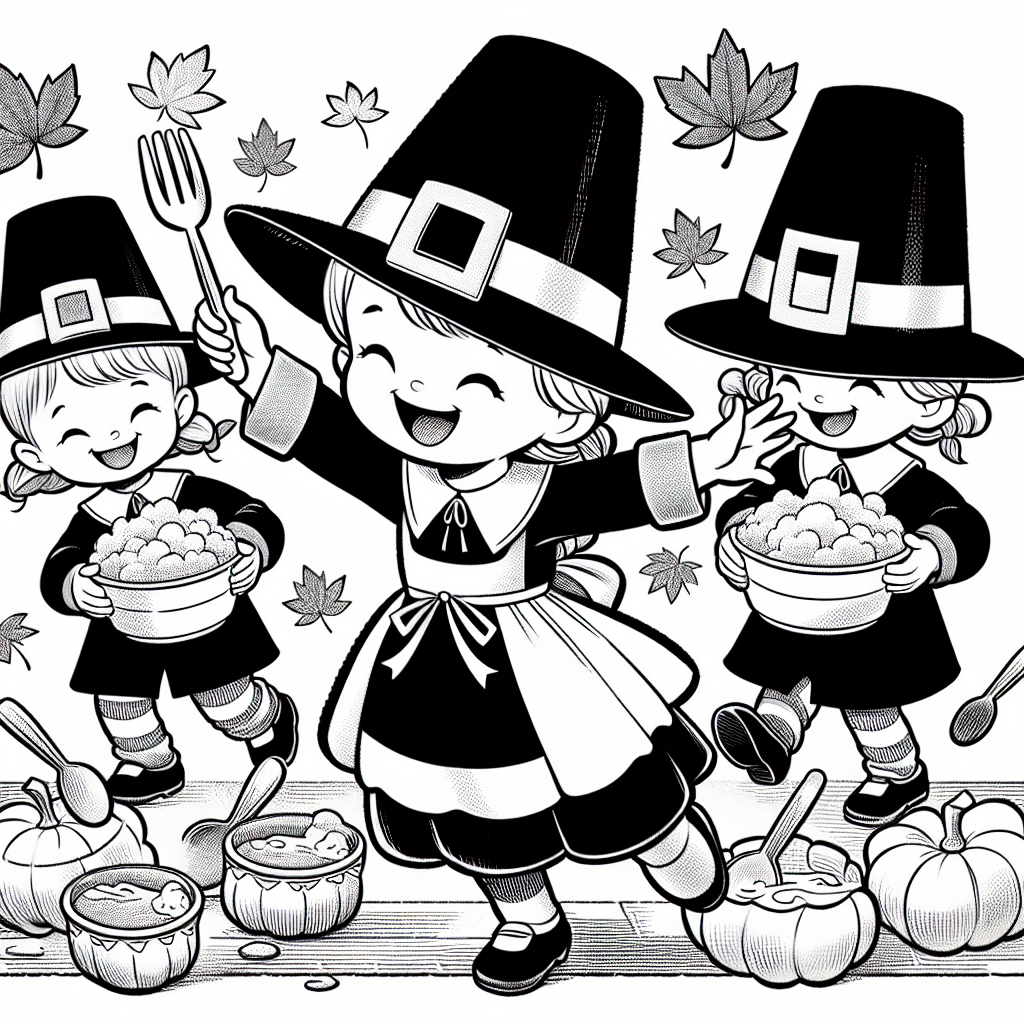 Coloring page of a child, fall festival dancer sharing a meal