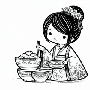 Coloring page of a child, family member serving food