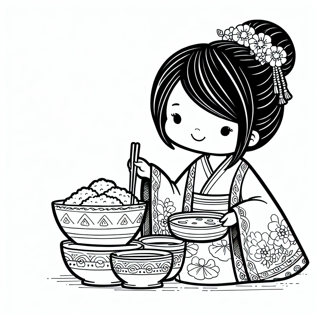 Coloring page of a child, family member serving food