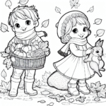 Coloring page of a child, forest animal holding a basket of vegetables