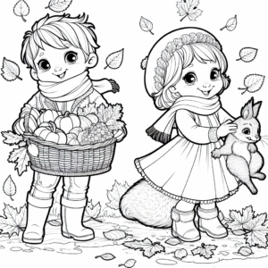 Coloring page of a child, forest animal holding a basket of vegetables