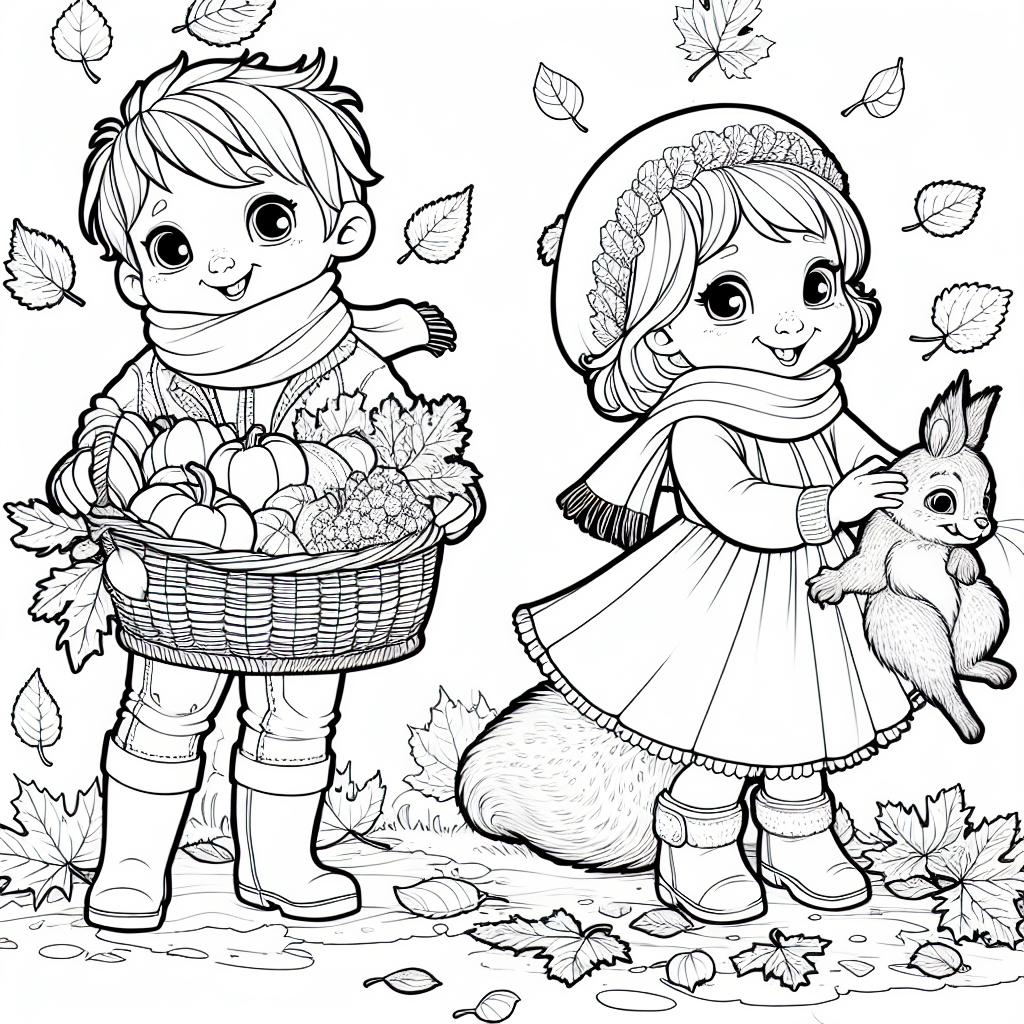 Coloring page of a child, forest animal holding a basket of vegetables
