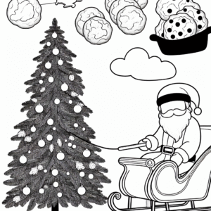 Coloring page of a Christmas tree, sleigh rider baking cookies