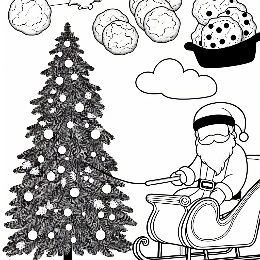 Coloring page of a Christmas tree, sleigh rider baking cookies