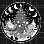 Coloring page of a Christmas tree, sleigh rider decorating a tree