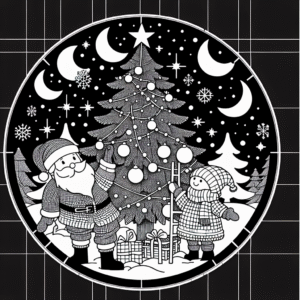 Coloring page of a Christmas tree, sleigh rider decorating a tree