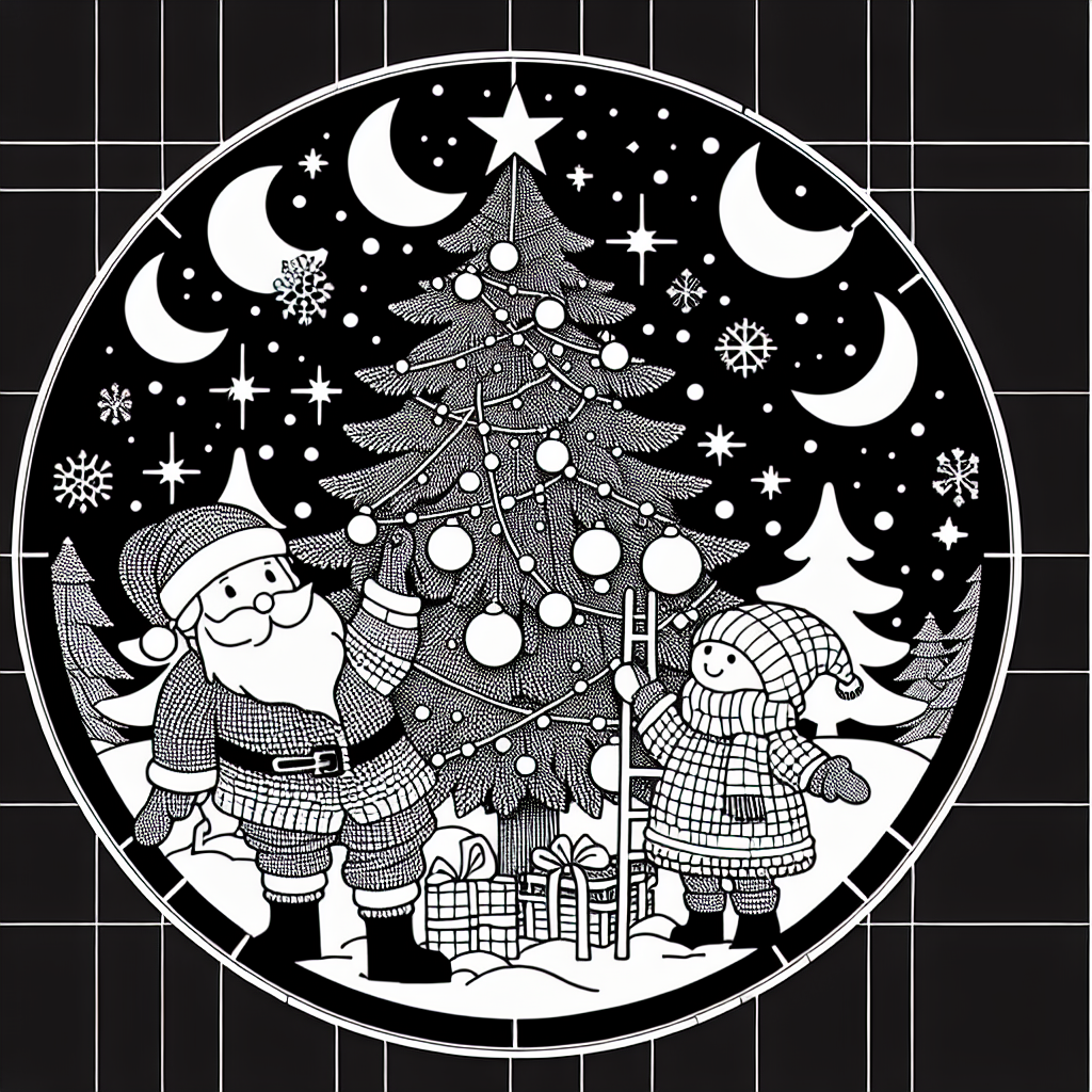 Coloring page of a Christmas tree, sleigh rider decorating a tree