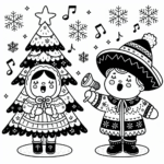 Coloring page of a Christmas tree, toy maker singing carols