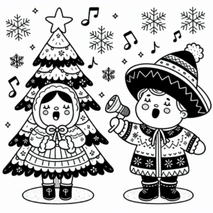 Coloring page of a Christmas tree, toy maker singing carols