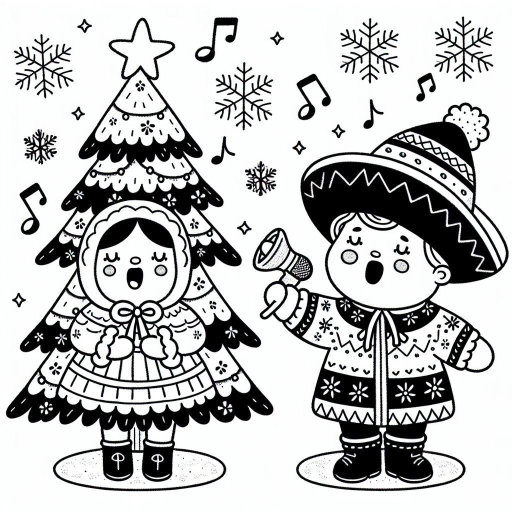 Coloring page of a Christmas tree, toy maker singing carols