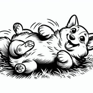 Coloring page of a Corgi dog, energetic pup rolling on the grass
